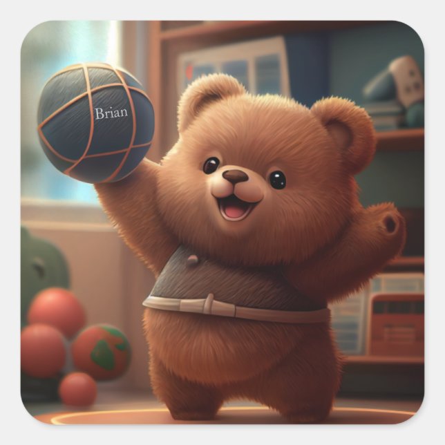 Cute Bear playing Basketball Personalized Square Sticker (Front)