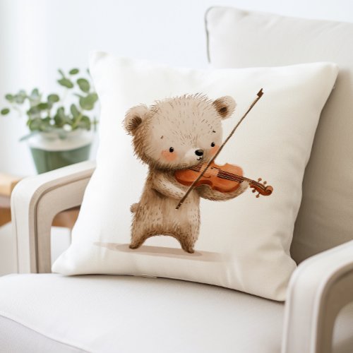 Cute Bear Playing Violin Pillow Adorable Animal Throw Pillow