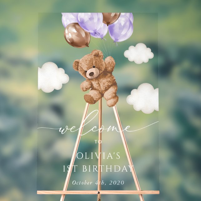 Cute Bear, Purple Balloons, First Birthday Welcome Acrylic Sign (Neutral)