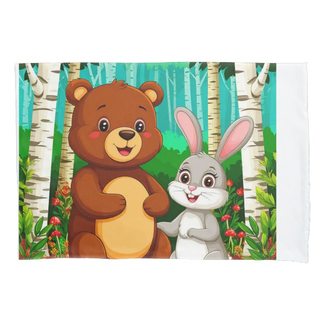 🐻🐰 Cute Bear & Rabbit Forest Friendship 🌿 Pillow Case (Front)