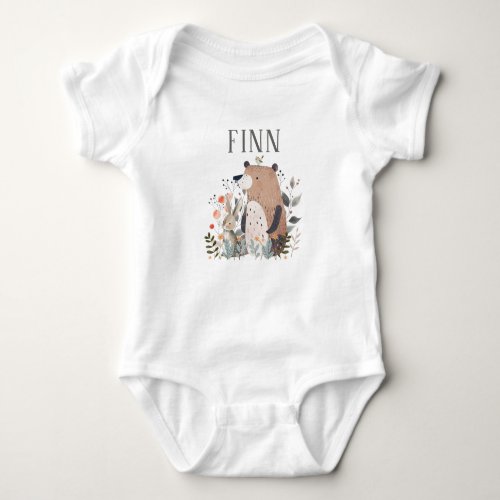 Cute Bear  Rabbit Whimsica Forest Personalized   Baby Bodysuit