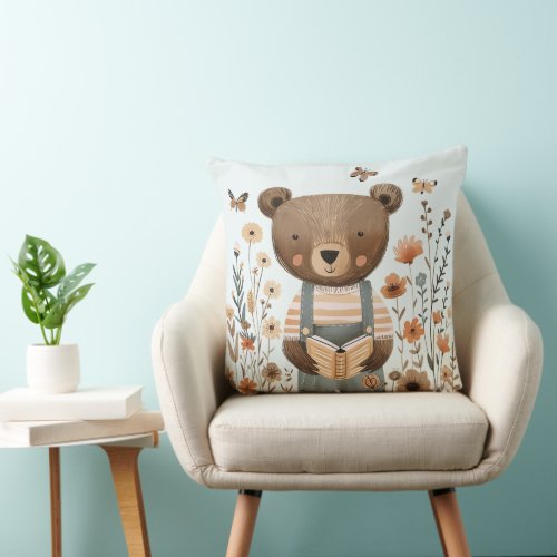 Cute Bear Reading Book Pillow Animal Themed  Throw Pillow