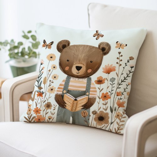 Cute Bear Reading Book Pillow Animal Themed  Throw Pillow