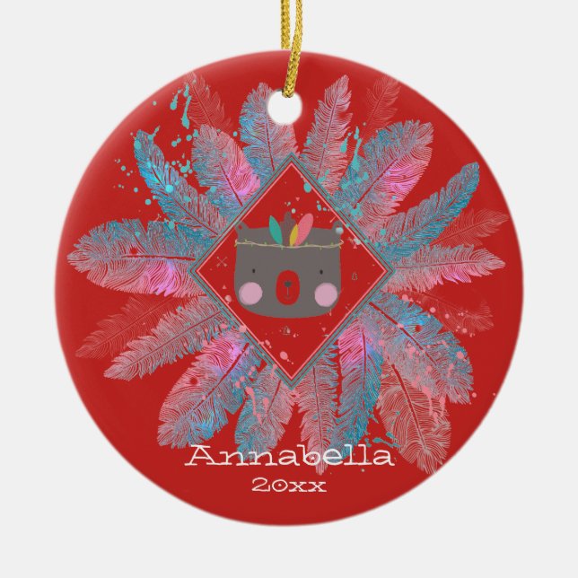 Cute Bear | Red Christmas Ceramic Ornament (Front)