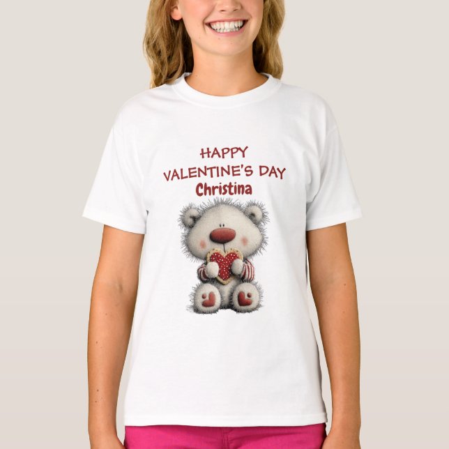 Cute Bear Red Happy Valentines Day Custom Name  T-Shirt (Front)
