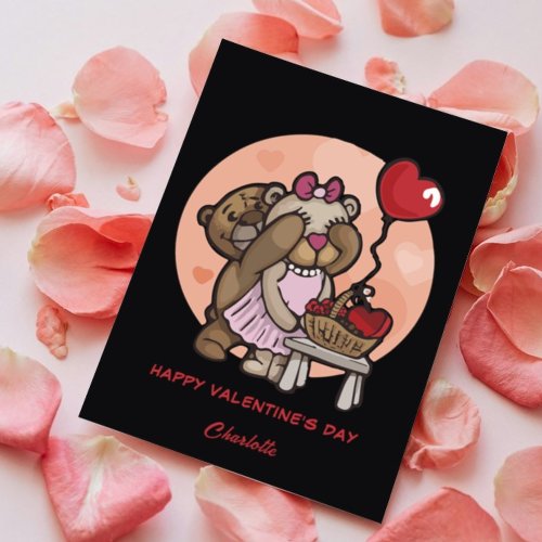 Cute Bear Red Hearts Valentine Day For Kids Holiday Card