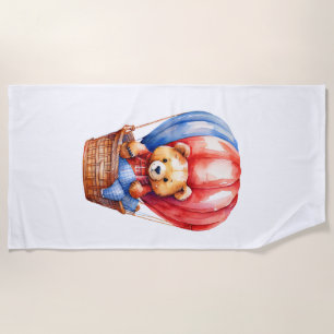 Cute Bear Riding in a Hot Air Balloon Beach Towel