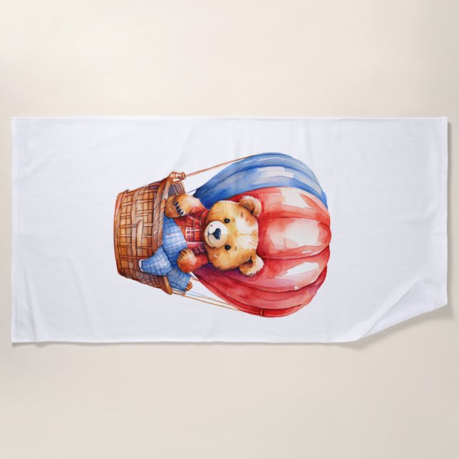 Cute Bear Riding in a Hot Air Balloon Beach Towel (Front)
