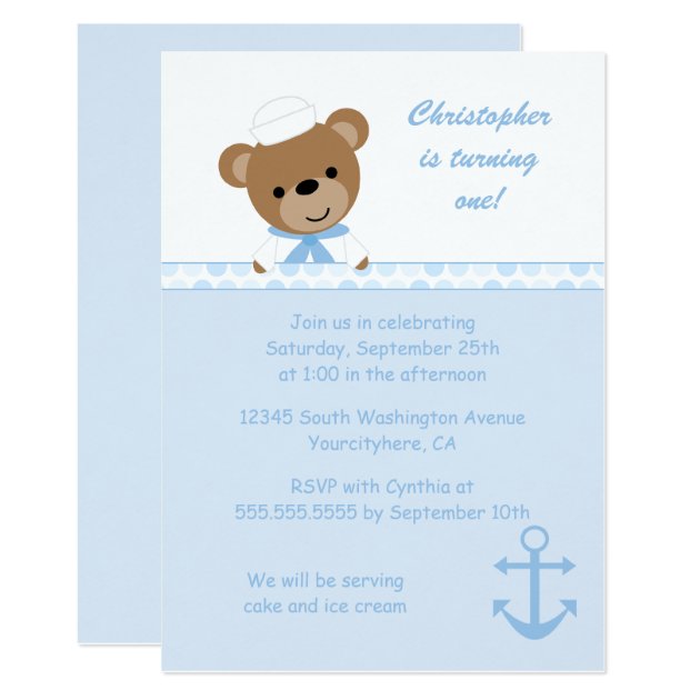 Cute Bear Sailor Boy's Birthday Party Invitation