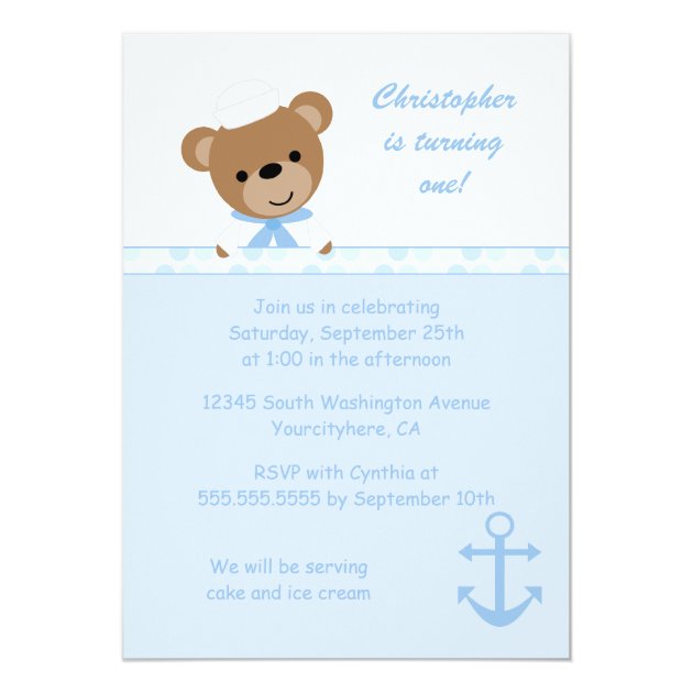 Cute Bear Sailor Boy's Birthday Party Invitation