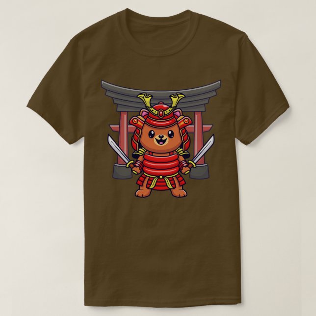 Cute Bear Samurai Warrior Cartoon T-Shirt (Design Front)