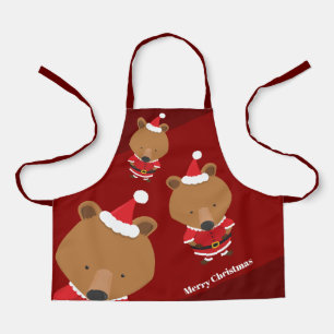 Cute Bear Santa Burgundy Merry Christmas Apron
