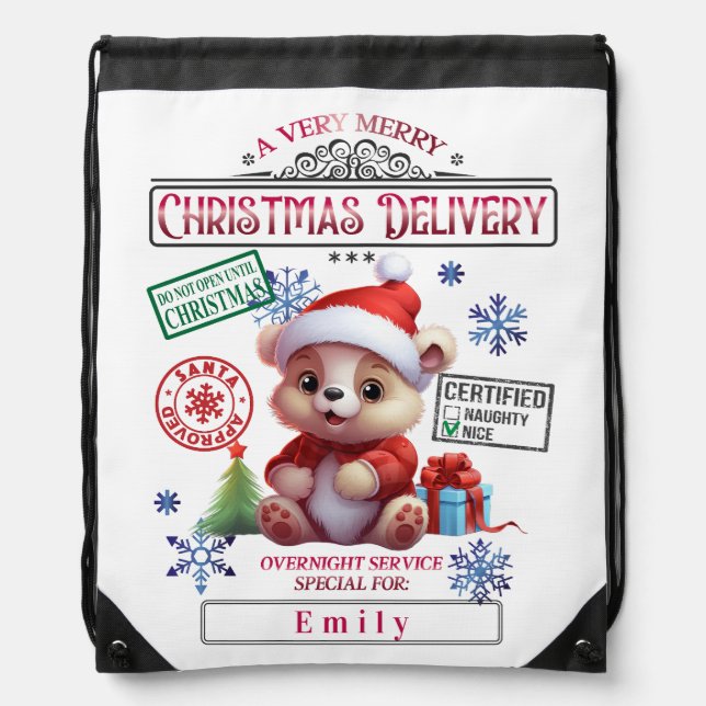 Cute Bear Santa Sack Personalized Drawstring Bag (Front)