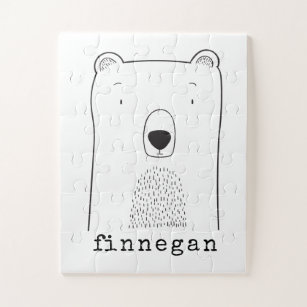 Cute Bear Simple Line Illustration Custom Name Jigsaw Puzzle