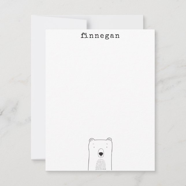 Cute Bear Simple Line Illustration Custom Name Note Card (Front)