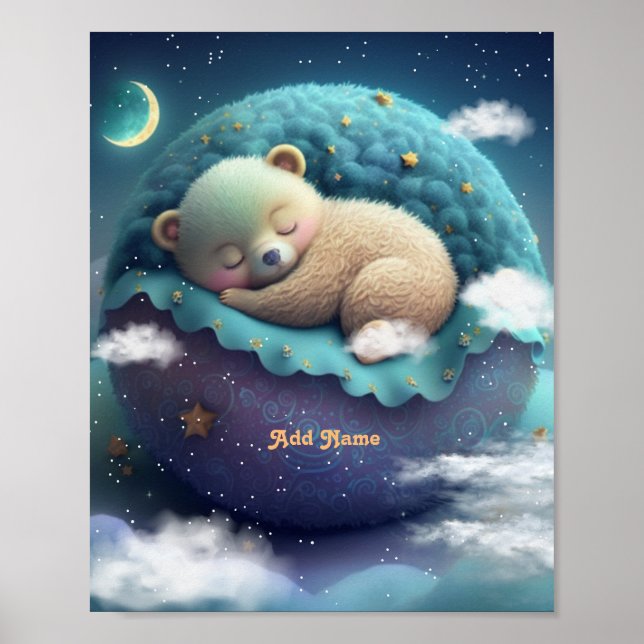 Cute Bear Sleeping Blue Pillow Stars Moon Nursery Poster (Front)