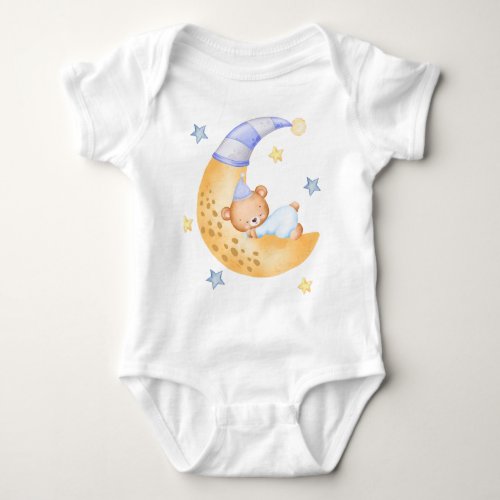 Cute Bear Sleeping Moon Stars Blue Yellow Baby Bodysuit