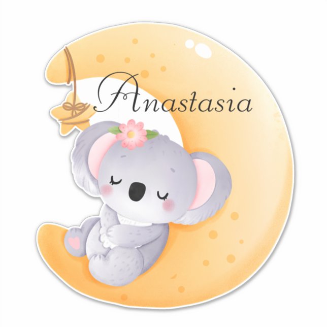 Cute bear sleeping on the moon with child's name sticker (Front)