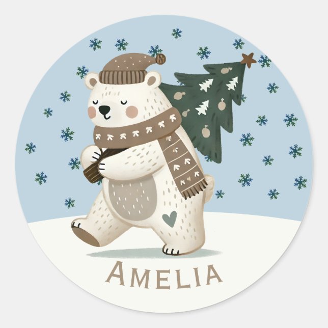 Cute Bear Snowflakes Drawing Name Christmas Classic Round Sticker (Front)