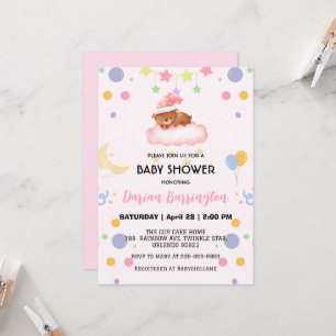 Cute Bear star balloon baby shower party girly Invitation