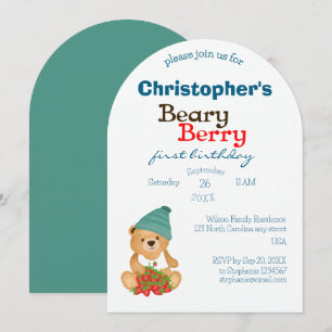 Cute Bear Strawberries Beary Berry First Birthday Invitation