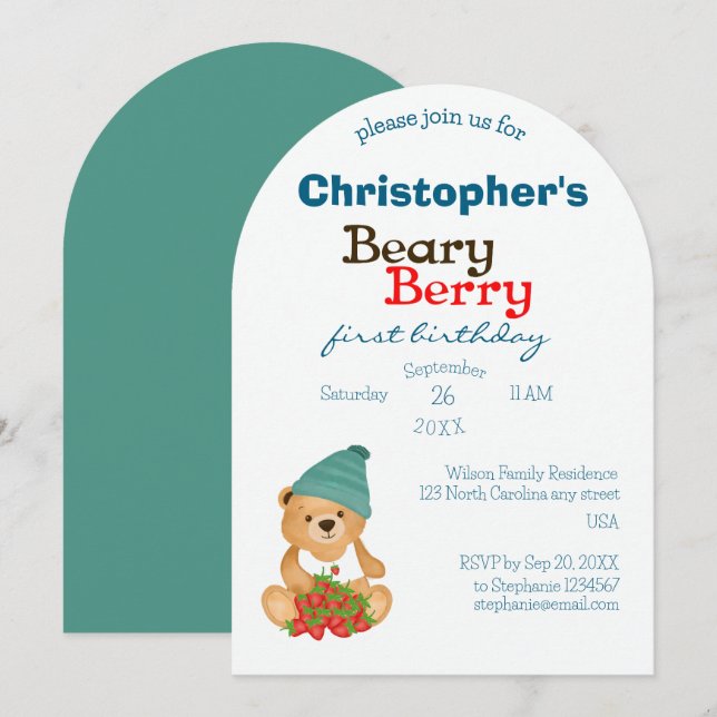 Cute Bear Strawberries Beary Berry First Birthday Invitation (Front/Back)