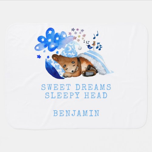 Cute Bear Sweet Dreams Sleepy Head Boy Name  Baby Blanket