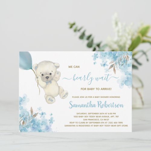 Cute Bear Teddy Blue Balloon Boy Baby Shower   Invitation