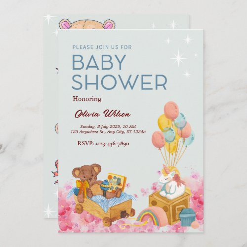 Cute Bear Theme Girl Baby Shower Invitation