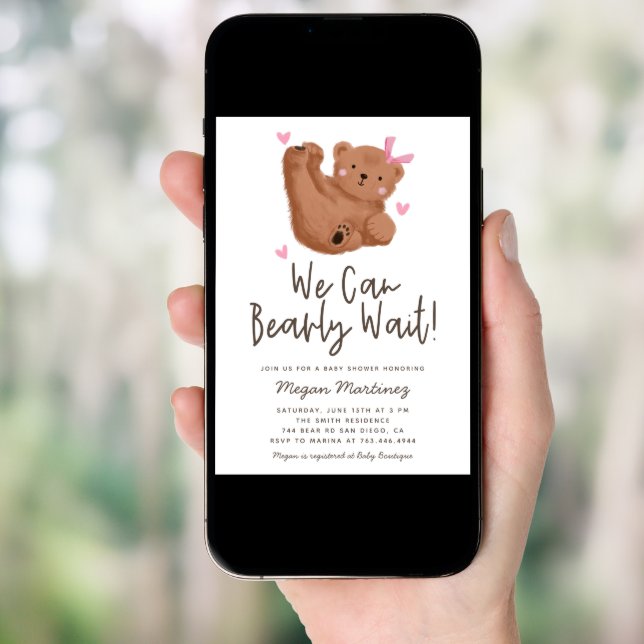 Cute Bear Theme Girl Baby Shower  Invitation (Front Digital)
