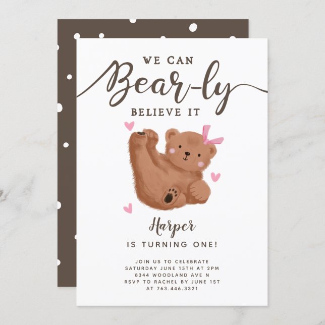 Cute Bear Theme Girl's Birthday Party Invitation (Front/Back)