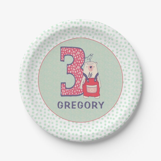 Cute bear third birthday with name paper plates (Front)