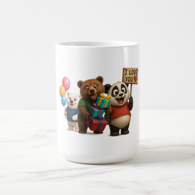 Cute Bear Trio Mug – Panda with "I Love You" Sign, (Center)