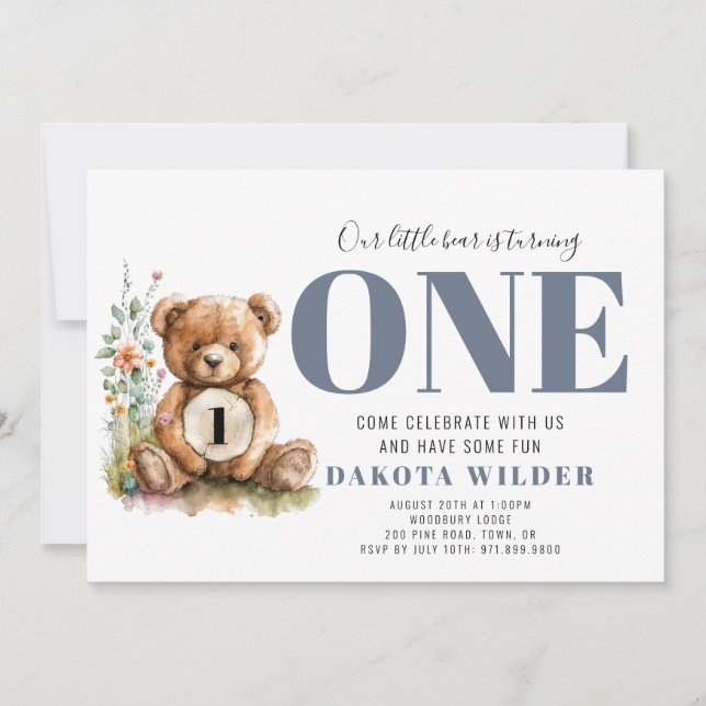 Cute Bear Turning One Birthday Party Invitation (Front)