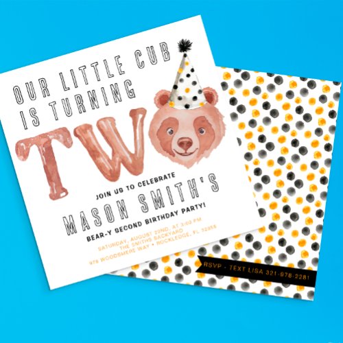 Cute Bear Turning Two Party Animal 2nd Birthday Invitation