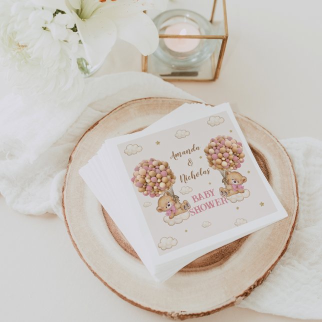 Cute Bear Twin Girls Baby Shower Pink Napkins (Creator Uploaded)