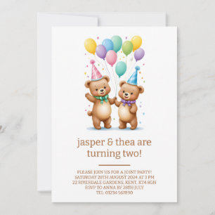 Cute Bear Twins 2nd Birthday Party Invitation