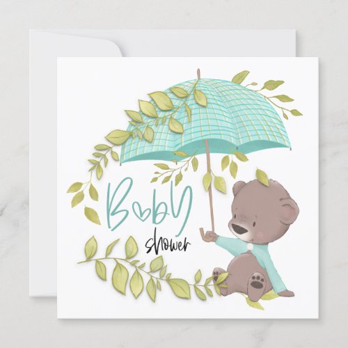 Cute Bear Umbrella Botanical Boy Baby Shower Invitation