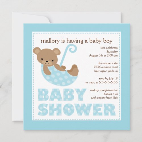 Cute Bear Umbrella Boy Baby Shower Invitation