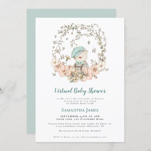 Cute Bear Vintage Foliage Virtual Baby Shower Invitation