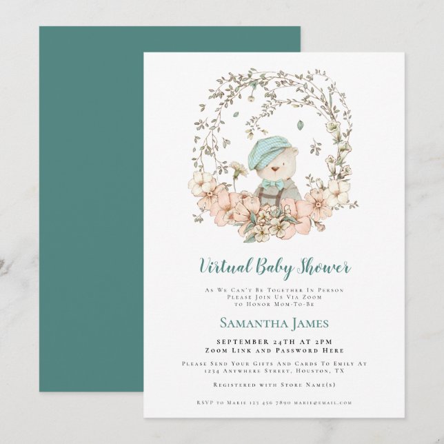 Cute Bear Vintage Turquoise Virtual Baby Shower Invitation (Front/Back)