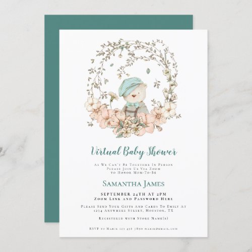 Cute Bear Vintage Turquoise Virtual Baby Shower Invitation