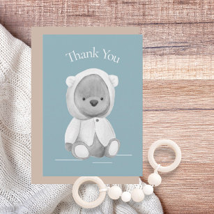 Cute Bear Watercolor Blue Baby Shower Thank You Card