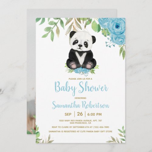Cute Bear Watercolor Blue Boy Baby Shower Photo Invitation