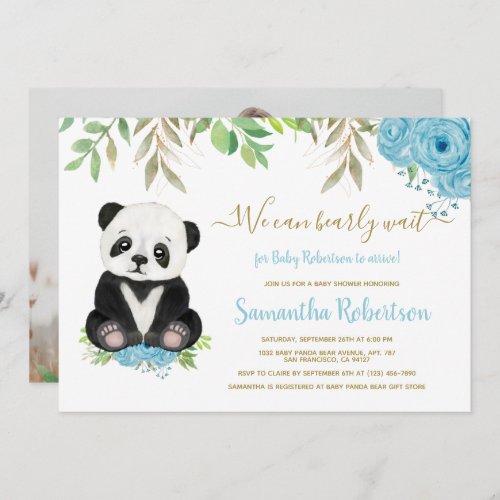Cute Bear Watercolor Blue Floral Baby Shower Photo Invitation