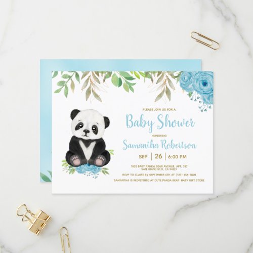 Cute Bear Watercolor Blue Greenery Boy Baby Shower Invitation Postcard