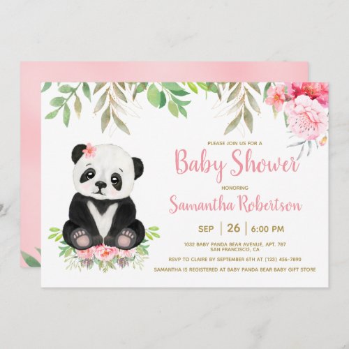 Cute Bear Watercolor Blush Pink Floral Baby Shower Invitation