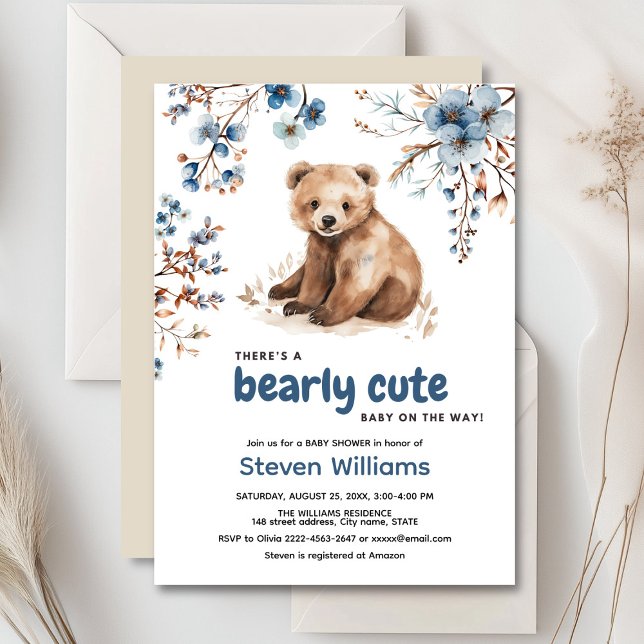 Cute bear watercolor boy baby shower invitation  (Cute bear with rustic blue flowers baby shower invitation)