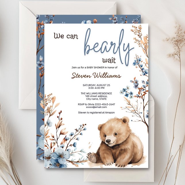 Cute bear watercolor boy baby shower invitation  (Cute bear with rustic blue flowers baby shower invitation)