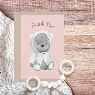 Cute Bear Watercolor Pink Baby Shower Thank You  Card
